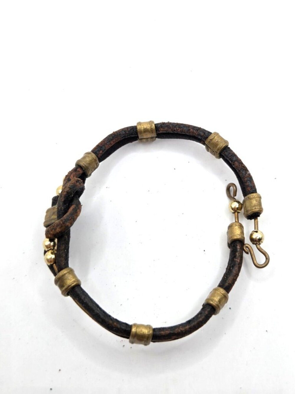 Handmade Brown Leather Bracelet With Brass Beads & Knot Design Adjustable Hook C